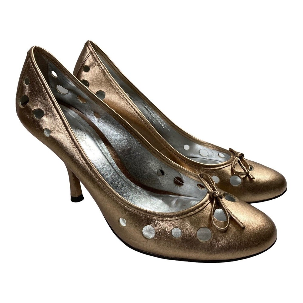 Jessica Simpson Heels Pumps Gold Leather Laser Cut Womens 8.5B Made in Brazil